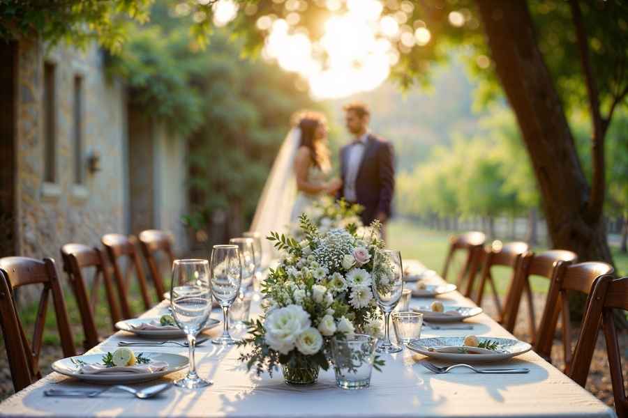 Une longue table de réception dressée en extérieur pour un mariage en petit comité.